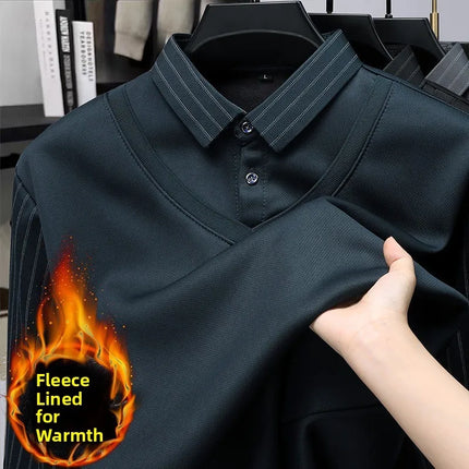 Men's Winter Thickened Fleece Lined Knitwear Polo Shirt Long Sleeve Loose Fit Solid Color Thermal Base Layer Two-Piece Look