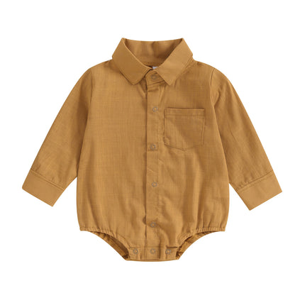 Pudcoco Infant Baby Boy Gentleman Romper Solid Color Long-Sleeved Lapel Front Button Jumpsuit with Pocket Toddler Clothes 0-24M