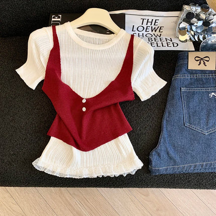 2026 New Fashionable Style, Cool and Cute Lace Splicing Fake Two-piece Short-sleeved Knitted Shirt, Cool and Cute Top