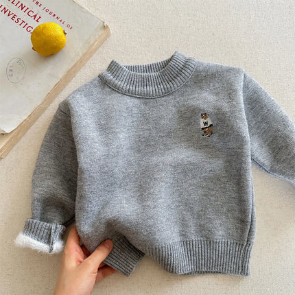 2025 Winter Girls Boys Casual Cute Embroidery Bear Thick Warm Fleece Knitting Sweaters Four Colors