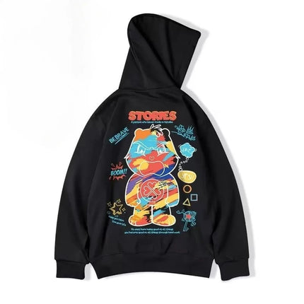 【M-8XL Hoodies】Men Oversized Hoodie Fashion Loose American Color Graffiti Bear Print Long Sleeve Couple Clothes