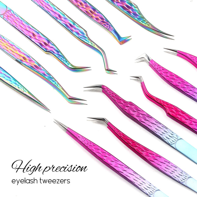 Gemerry Tweezers for Eyelash Extension Colorful Stainless Steel Superhard Fiber Tips High Precision Anti-Static Makeup Tool