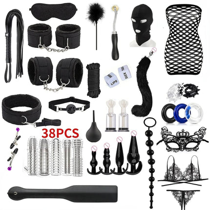 Hot Exotic Bed Bondage Set BDSM Kits Exotic Sex Toys For Women Adults Games Leather Handcuffs Whip Gag Nipple Clamps Sex Shop