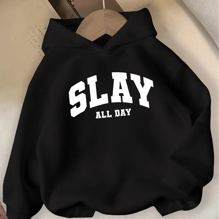 SLAY ALL DAY Hooded Sweatshirt Casual Long Sleeve Winter Pullover with Bold Lettering  Winter Clothes for Girls Comfortable Fit