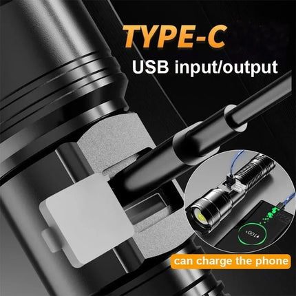Ultra Bright LED Flashlight Type-C Rechargeable 3 Modes Long Range Zoom Tactical Torch Outdoor Emergency Camping Fishing Lantern