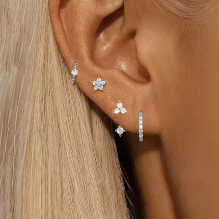 4PCS Fashion Zircon Round Hoop Earring Set Women Temperament Flower Ear Stud Huggie Earring Tragus Piercing Cartilage Jewelry