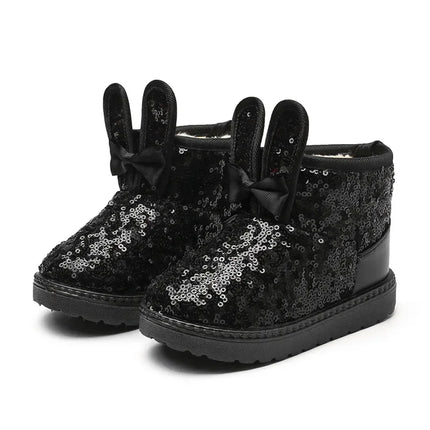 Girls Snow Boots Bunny Ear Bowtie Sequins Cute Winter Warm Ankle Boots Princess Toddler Non-slip Fashion Kids Boot Glitter Bling