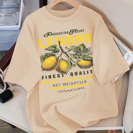 Lemons Fruits Premium Fresh Printing T Shirt Woman Loose Cotton Sportswear O-Neck Casual T Shirts Loose All-Match Short Sleeve