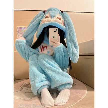 Anime Hatsune Miku Coral Velvet Cute Pajamas Women's Autumn Winter New Plush Thickened Flannel Warm Home Suit Set birthday gifts