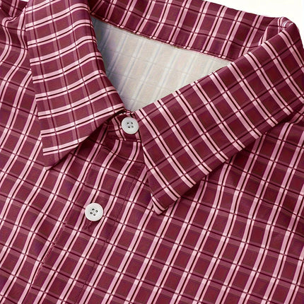 Men's Short-Sleeved Button-Up Shirt, Retro Red Checkered Striped Casual Shirt, Suitable for Summer Streetwear Tops