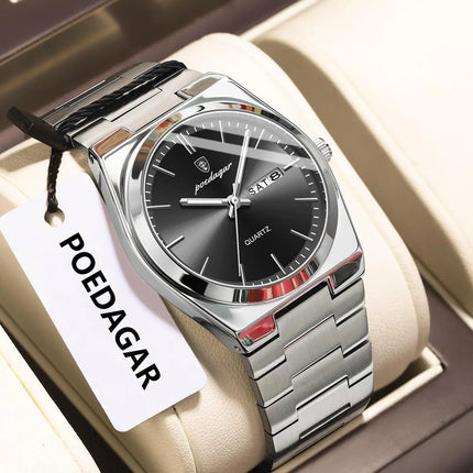 POEDAGAR Luxury Men Watch Stainless Steel Waterproof Luminous Men's Wristwatch Date Week Fashion Casual Men's Quartz Watches Reloj