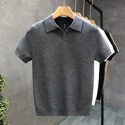 Men's Polo Neck Short Sleeve Knitted Sweater Slim Fit Summer Fashion Turn-down Collar Base Shirt Casual Style Pure Color