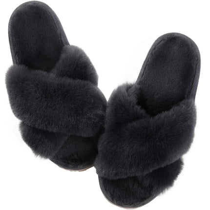 Evshine Women Fuzzy Slippers Fashion Cross Band Memory Foam House Slippers Indoor Outdoor Open Toe Plush Slides Casual Flat Shoe