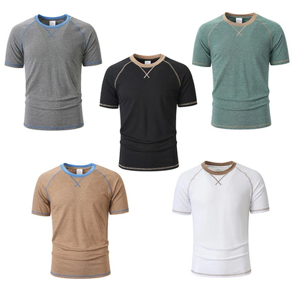 2026 New Men Contrast Stitch Raglan Sleeve T Shirt Slim Fit Soft Breathable Crew Neck Daily Casual Summer Short Sleeve Tees