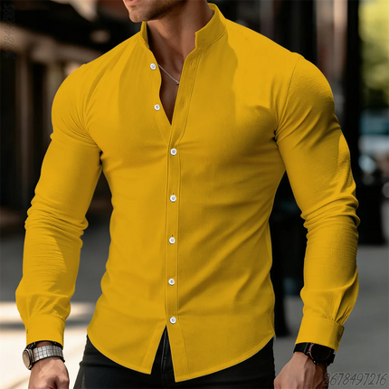 21 New Colors Men's Solid Color Long-Sleeved Stand Collar Shirt, Comfortable, Casual, Business, High-Quality, Elegant Men's Top