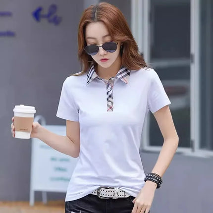 Korean version short sleeved t-shirt women's summer new fashionable light luxury plaid loose and slimming sports lapel top