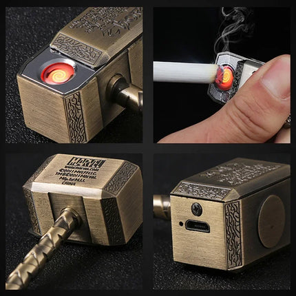 Creative Windproof USB Electric Rechargeable Lighter Thor Hammer Zinc Alloy Flameless Keychain Lighter Men's Smoking Gift