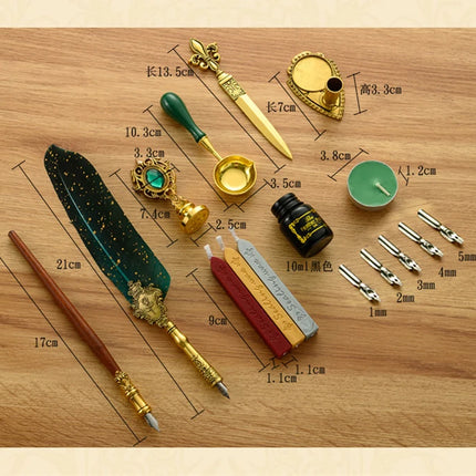 Luxury Fountain Pen Set, Retro Sprinkling Feather Pens Calligraphy Writing Dip Kit with Wax Seal Stamp & Replace Nibs, Gift Box