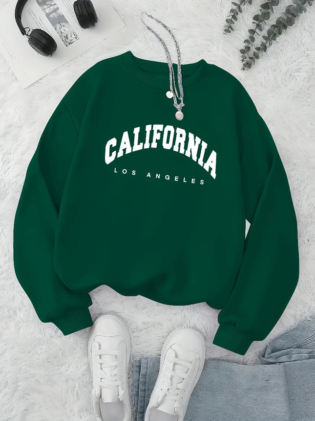 Women's autumn and winter casual fashion loose comfortable warm California Los Angeles printed round neck long sleeved pullover