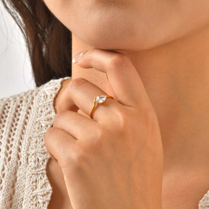 Minimalist Water Drop White Zircon Women Ring, Wave Drop Stainless Steel Ring, 18K Gold Plated Waterproof Luxury Jewelry