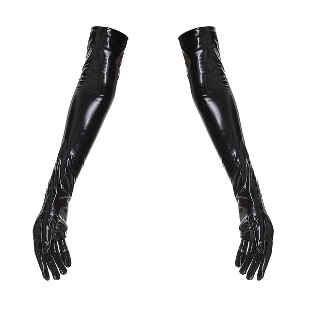 New Women Shiny Faux Leather unisex Black Long Gloves Men Latex Fetish Patent Leather Full Fingers Elbow Glove Cosplay Accessory