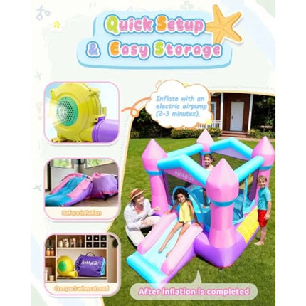 Pink Iatable Toddler Bounce House with Blower, Indoor/Outdoor Jumping Castle for 3-8, Iatable Bouncy House with Slide