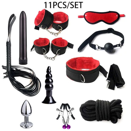 Erotic BDSM Kits for Couples - Sex Bondage Set with Handcuffs Gag Whip Nipple Clamps Anal Butt Plug Tail - Adult Toys for Women