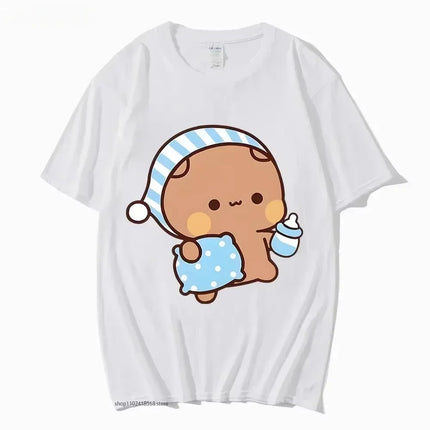 Couple T-shirt Cute BuBu Panda Going to Sleep with DuDu Bear Graphic T-shirt Women Clothes Sleeve Tops Women's Clothing