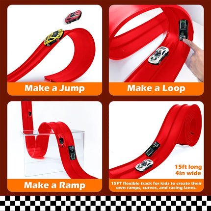 Kids' Flexible 13ft & 16ft Racing Track Kit with Suction Attachments and 4 Petite Racecars
