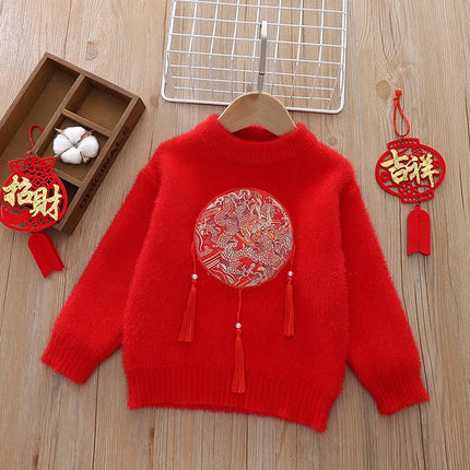 Red Chinese Dragon Sweater for Girls Traditional Tassel Design Fluffy Flocking Knitted Clothes New Warm Little Girl Tops GY12161