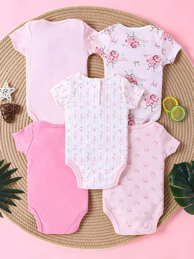 5PCS Baby Girl Clothes Baby Girls' Onesie Summer Cotton Fabric Short-Sleeved Jumpsuit Newborn Baby Clothes 0-9 Months