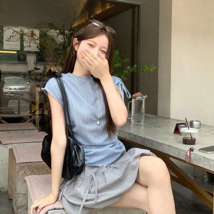 Blue Striped Drawstring Tie Women's Shirt Summer New Style French Stripe Design Modified Version Round Neck Sleeveless Dress