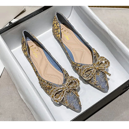 Women Flat Elegant Fashion Women Flat Fashion Ballet Shoes Ladies Bling Crystal Bow Tie Pointed Toe Flats Shoes Zapatos De Mujer
