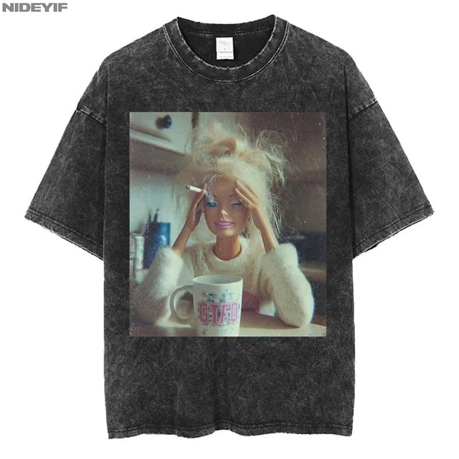 Funny Distressed Doll Face Meme Smoking Oversized T shirt 100% Cotton Vintage Washed T-shirt for men women P724