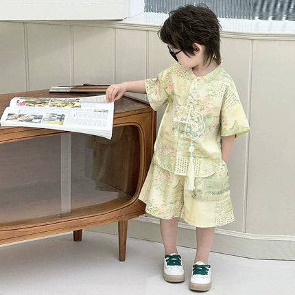 Summer Short Sleeve Two-piece Set Kids Clothes Casual Boy Outfit Baby Tang Style Fashion Children's Sets Hanfu Suit Boys Costume