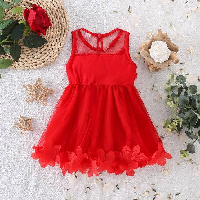 Summer Girls' Dress With Mesh And Sweet Petals, Korean Cute Baby Girl Dress (0-3 Years Old)