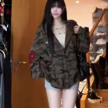 Retro American Camouflage Hoodie ort Women's Jaet Loose Cool Sle Outerwear Trendy Autumn Winter New Arrival