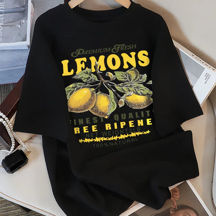 Lemons Fruits Premium Fresh Printing T Shirt Woman Loose Cotton Sportswear O-Neck Casual T Shirts Loose All-Match Short Sleeve