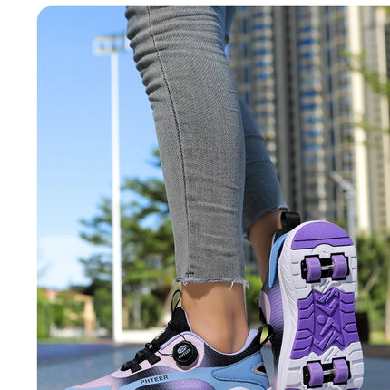 Kids Two Wheels Roller Skating Shoes with Light Magic Stick Walking Shoes, Detachable Wheels Roller Skate Shoes for Teenagers