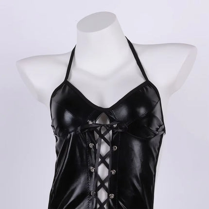 Porn Latex Leather Underwear Women Bandage Hollow Teddies Bodysuit Erotic Costumes Halter Deep V Bodysuits Sexy Lingerie Corsets