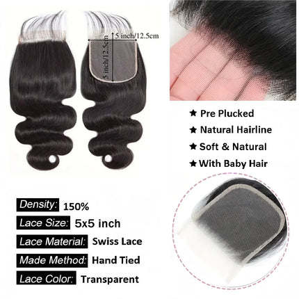 Body Wave 13x6 Lace Frontal Only 2x6 Lace Closure 4x4 5x5 6x6 Transparent Swiss Lace Closure 360 Lace Brazilian 100% Human Hair