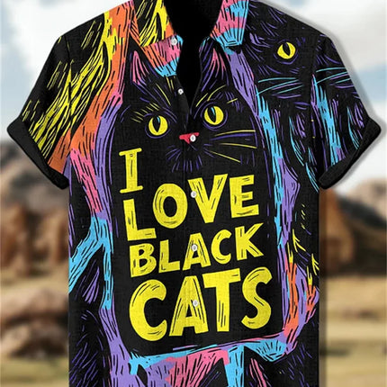 Men's blue and white color-blocked short-sleeved shirt with black cat print, collared casual outdoor vacation Hawaiian shirt.