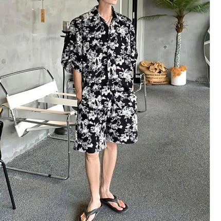 Loose Straight Leg Five-Quarter Beach Pants or Short Sleeve Printed Shirt Beach Travel Men's Fashion Floral Patterned Two-Piece Set