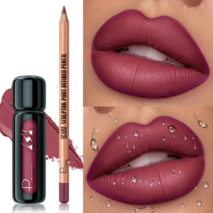 2PCS Matte Lip Liner & Gloss Set, Smooth Lip Liner for Definition, Moisturizing Silky Lip Gloss, Long-Lasting Lip Makeup Kit