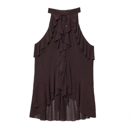 Y2K Top Women Summer Tank Crop Top Female Sleeveless Sexy Pleated Top Street Style Casual Korean Clothing Brown Cute Party Top