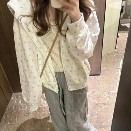 Dog Paw Print Zipper Hooded Coat Spring And Autumn Dressing Up Collection Casual Streetwear Zip Up Sweatshirts Long Sleeve