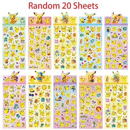 20Sheets Anime Pokemon Mix Laser Stickers Cartoon Pikachu Waterproof Decoration Decals Stationery Wholesale Toys
