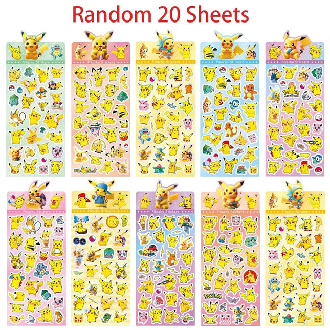 20Sheets Anime Pokemon Mix Laser Stickers Cartoon Pikachu Waterproof Decoration Decals Stationery Wholesale Toys