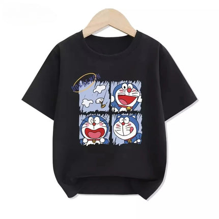 Potdemiel Summer New Doraemon Print Children's Pure Cotton T-Shirt, Boys and Girls Comfortable and Breathable Kids' T-Shirt