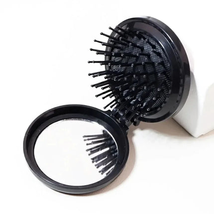 Compact Folding Brush with Mirror, Portable Anti-static for Travel, Ideal Hair Massager for Wigs and Natural Hair